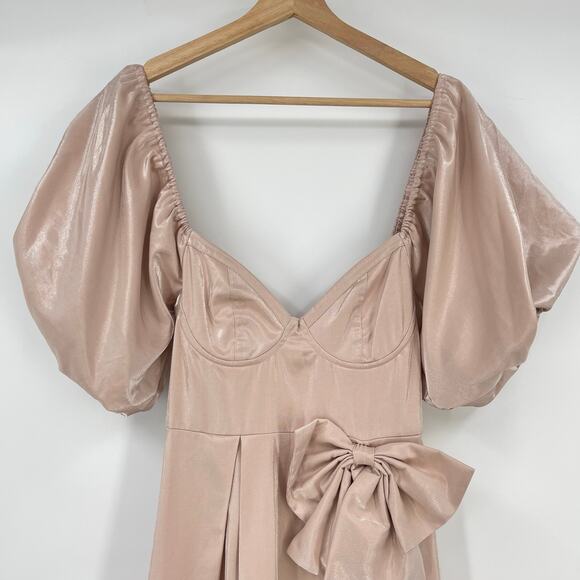 Sister Jane | NWT Bow Maxi Dress in Rose Quartz Puff Sleeve Satin Twill XS - Picture 7 of 16